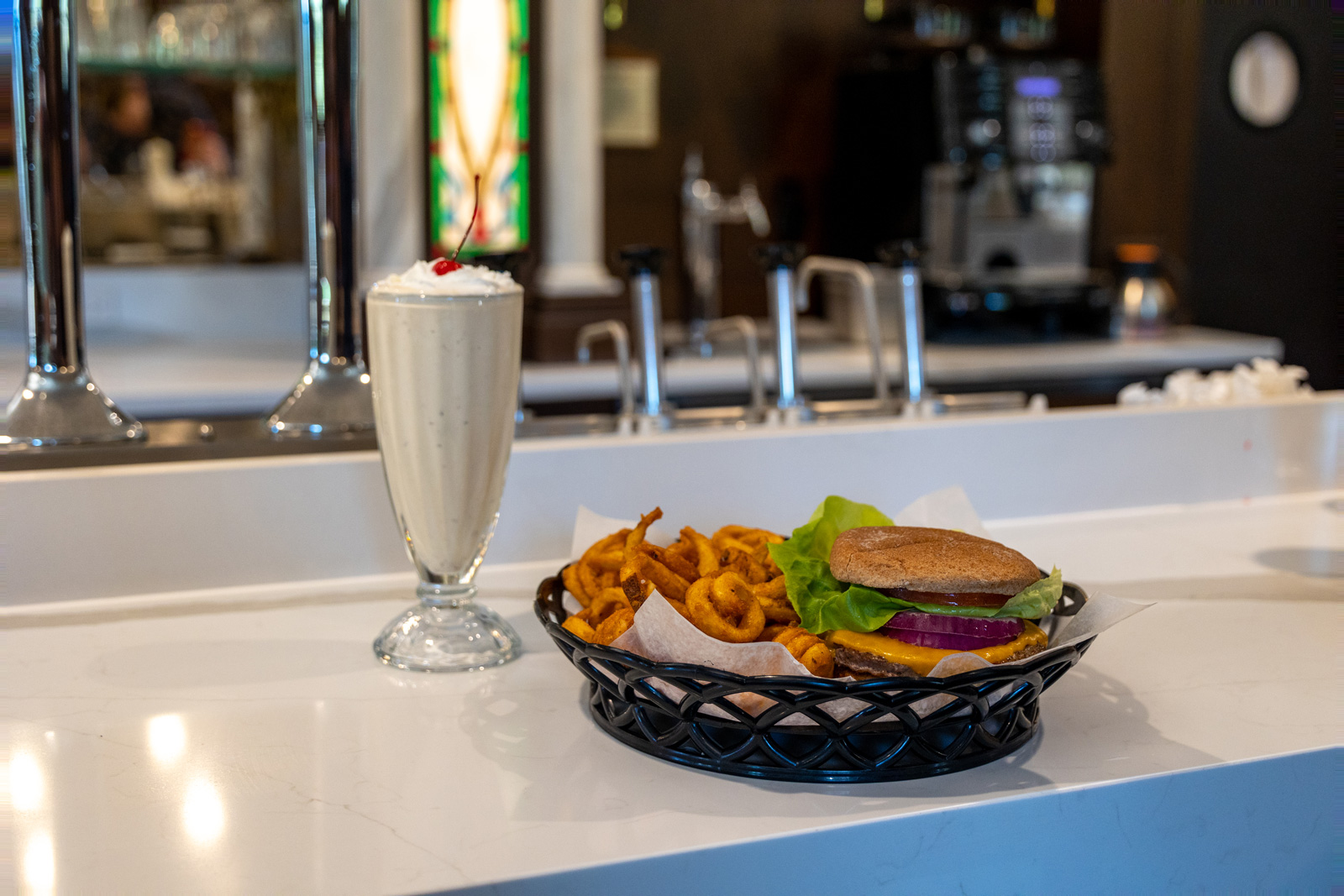 Burger, Fries, Date Shake